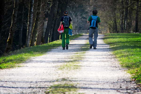 Two people walking on a wide gravel path in a green park
